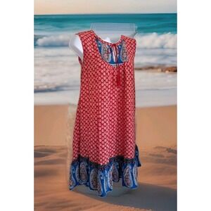 Beach Lunch Lounge Dress M Red Blue Paisley Print Popover Sleeveless Beachy Boho